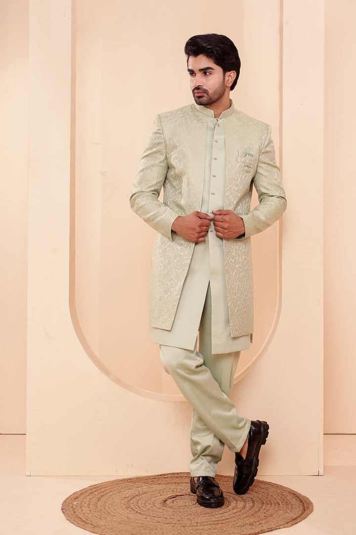 Mint Brocade Silk Jacket Style Indo-western Suit.