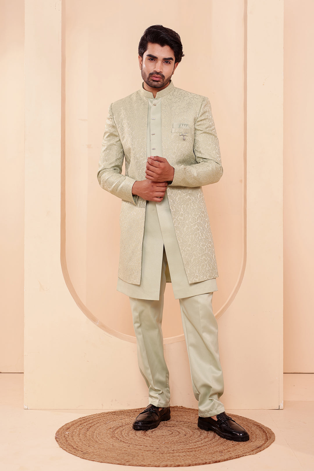 Mint Brocade Silk Jacket Style Indo-western Suit.