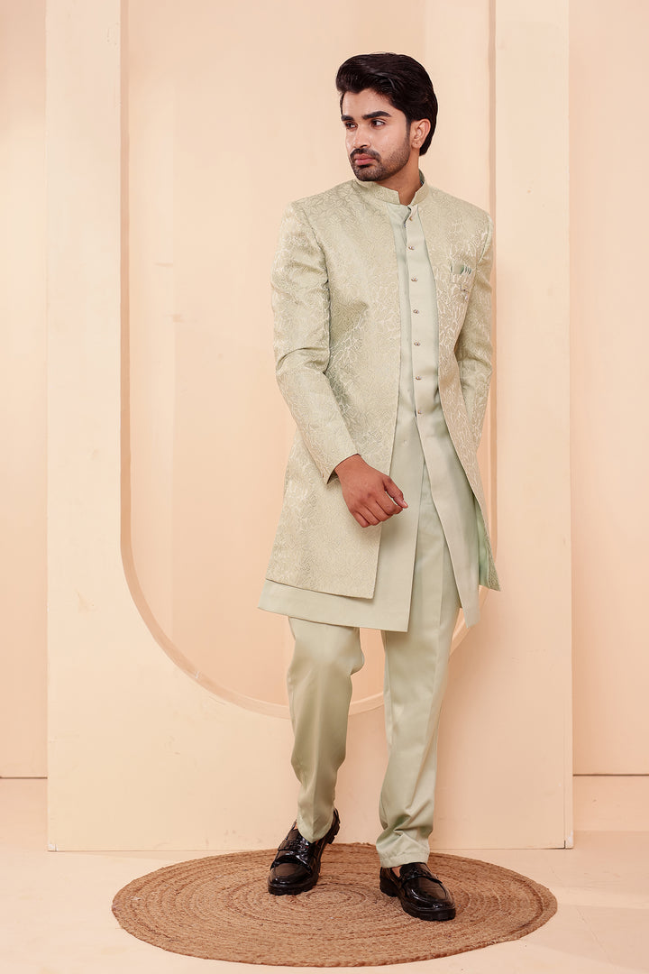 Mint Brocade Silk Jacket Style Indo-western Suit.