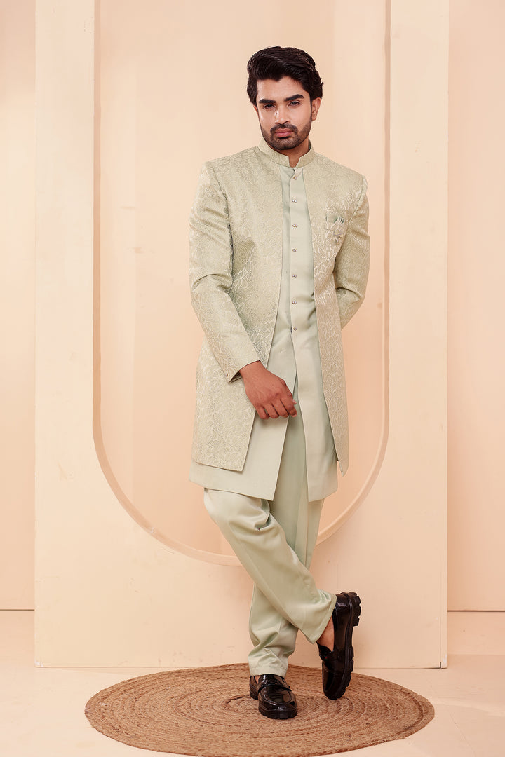 Mint Brocade Silk Jacket Style Indo-western Suit.