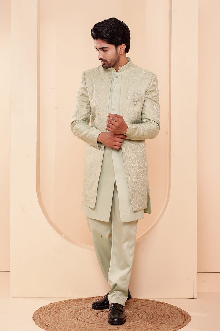 Mint Brocade Silk Jacket Style Indo-western Suit.