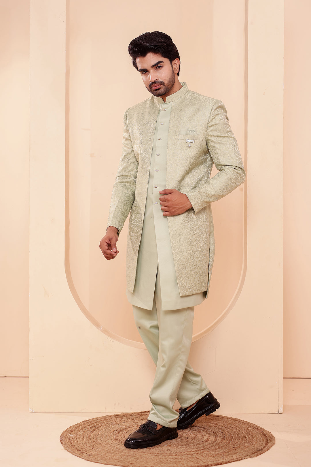 Mint Brocade Silk Jacket Style Indo-western Suit.
