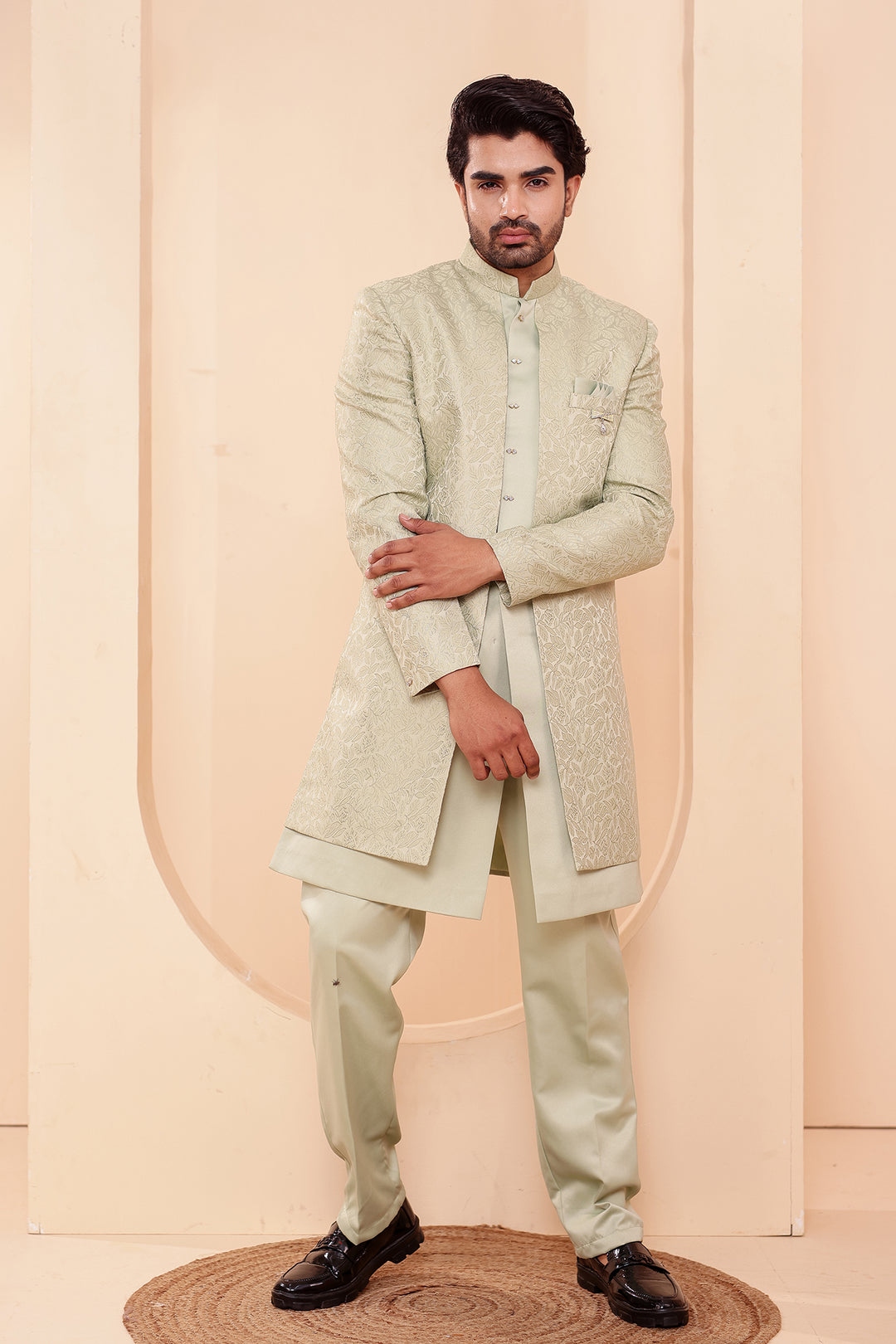 Mint Brocade Silk Jacket Style Indo-western Suit.