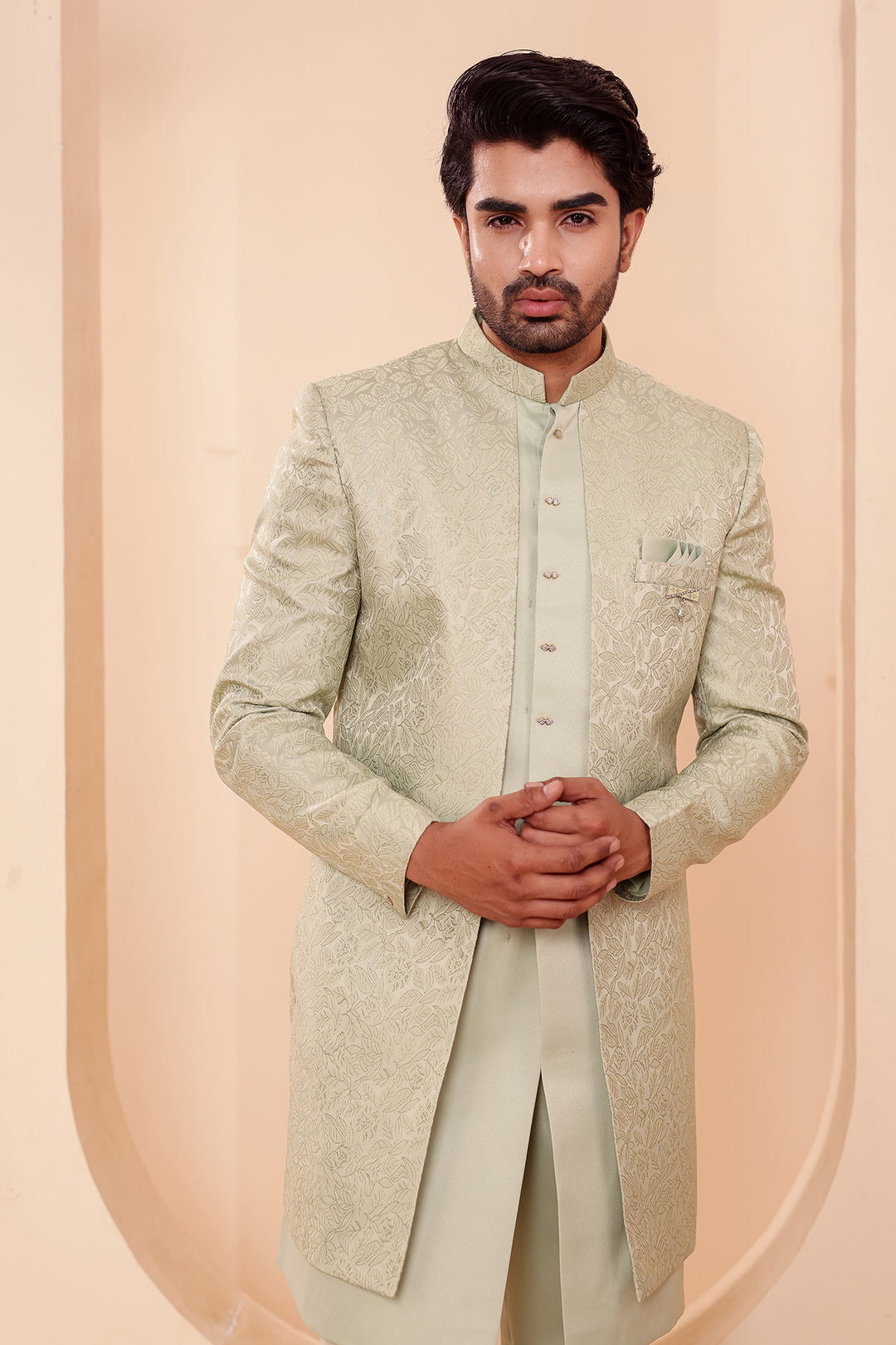 Mint Brocade Silk Jacket Style Indo-western Suit.