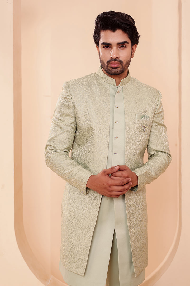 Mint Brocade Silk Jacket Style Indo-western Suit.