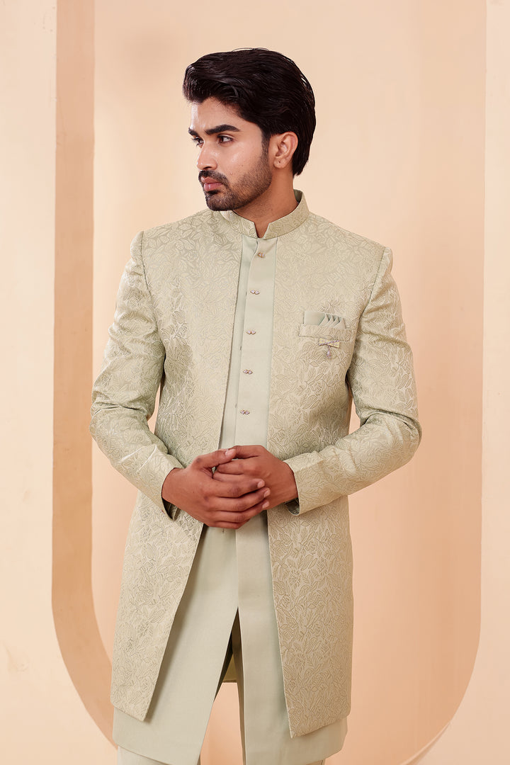 Mint Brocade Silk Jacket Style Indo-western Suit.