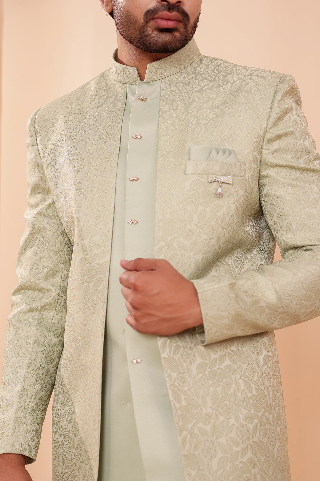 Mint Brocade Silk Jacket Style Indo-western Suit.