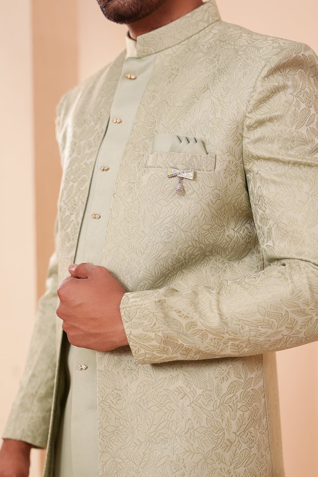 Mint Brocade Silk Jacket Style Indo-western Suit.