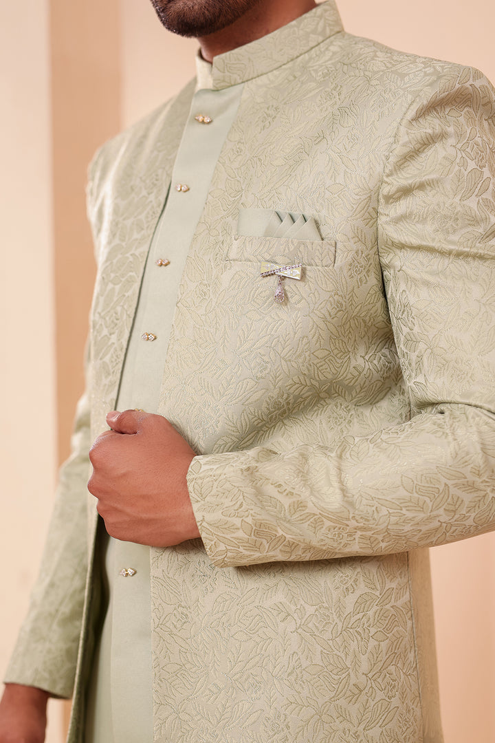 Mint Brocade Silk Jacket Style Indo-western Suit.