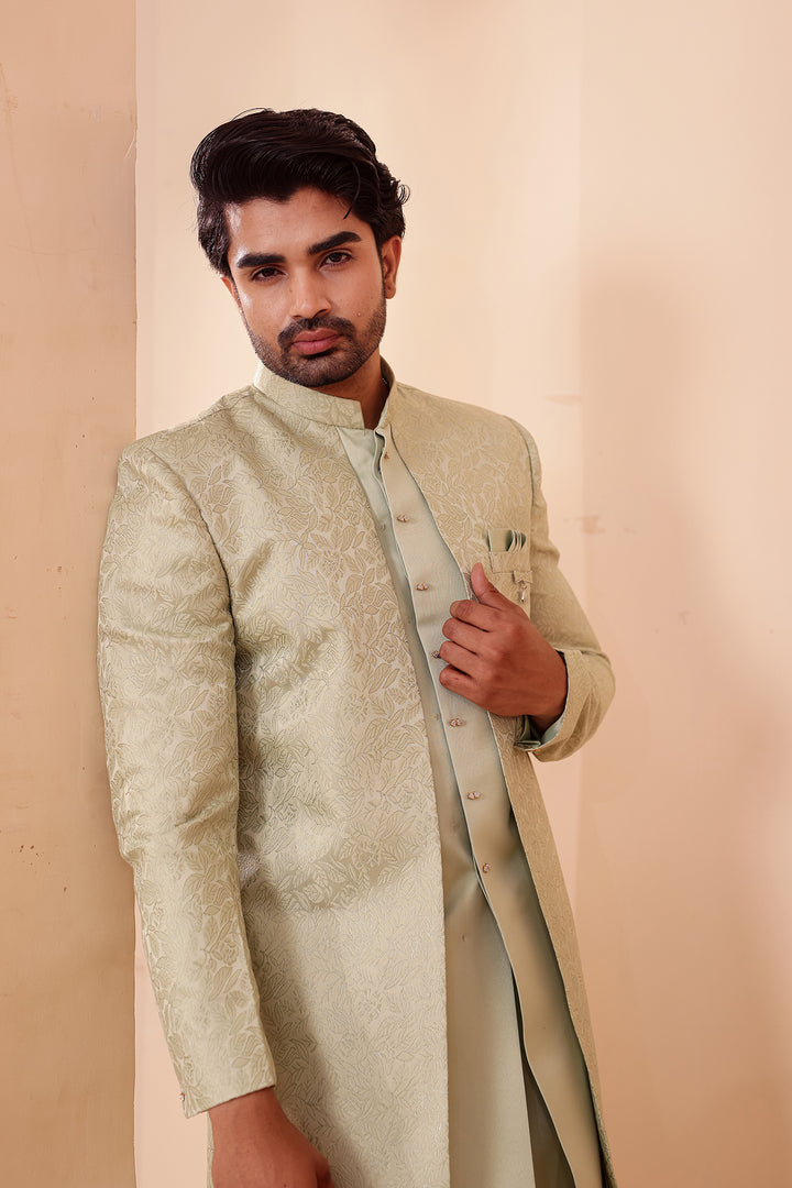 Mint Brocade Silk Jacket Style Indo-western Suit.
