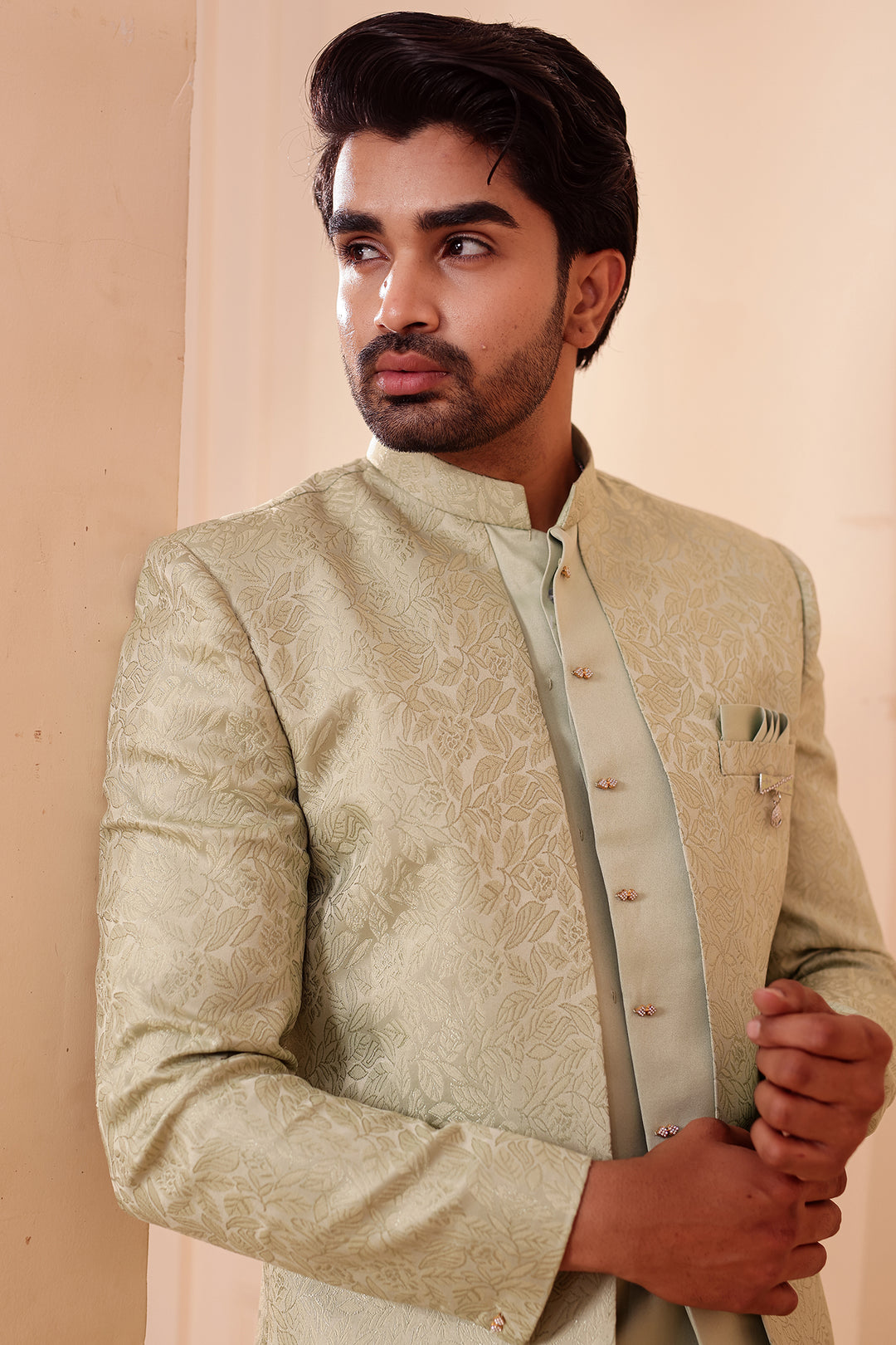 Mint Brocade Silk Jacket Style Indo-western Suit.