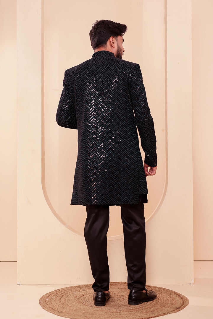 Black-Jade Velvet Jacket Style Indo-western Suit With Thread work And Sequins.
