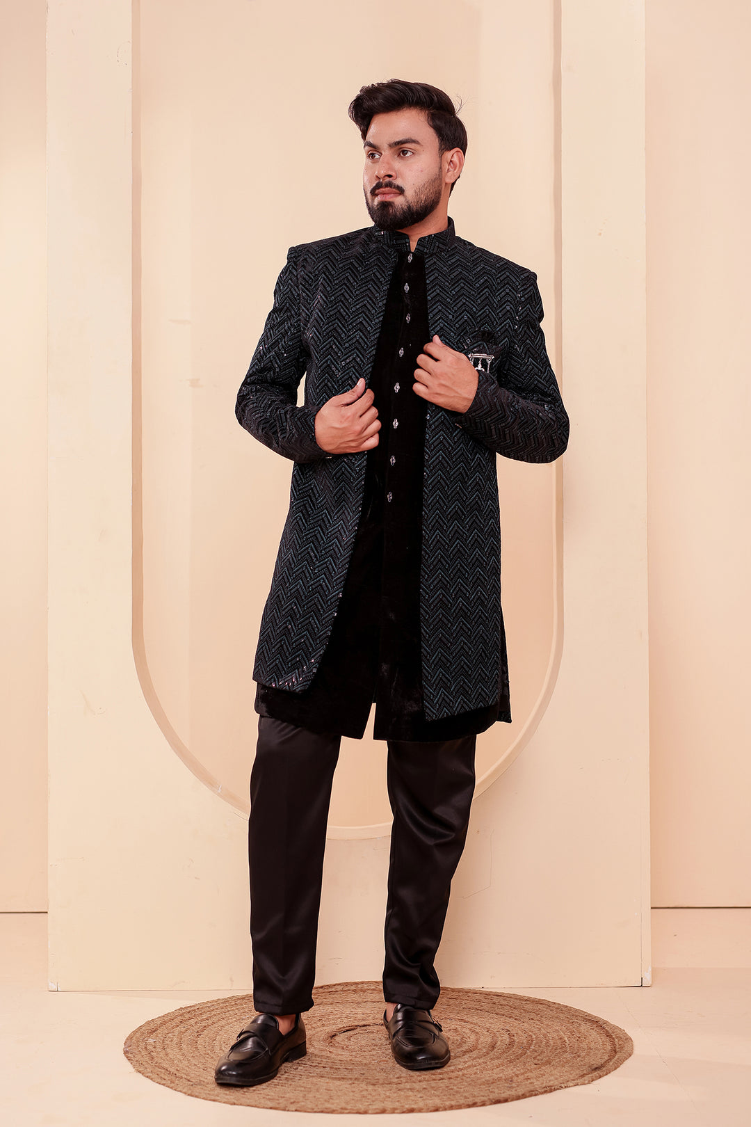 Black-Jade Velvet Jacket Style Indo-western Suit With Thread work And Sequins.