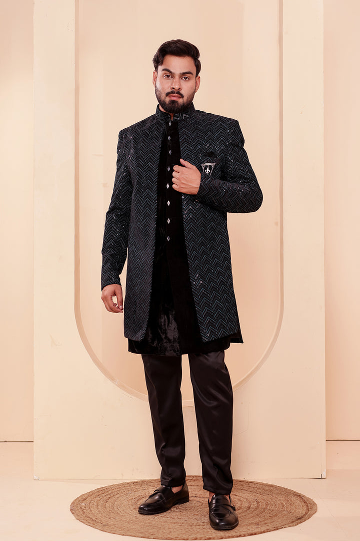 Black-Jade Velvet Jacket Style Indo-western Suit With Thread work And Sequins.