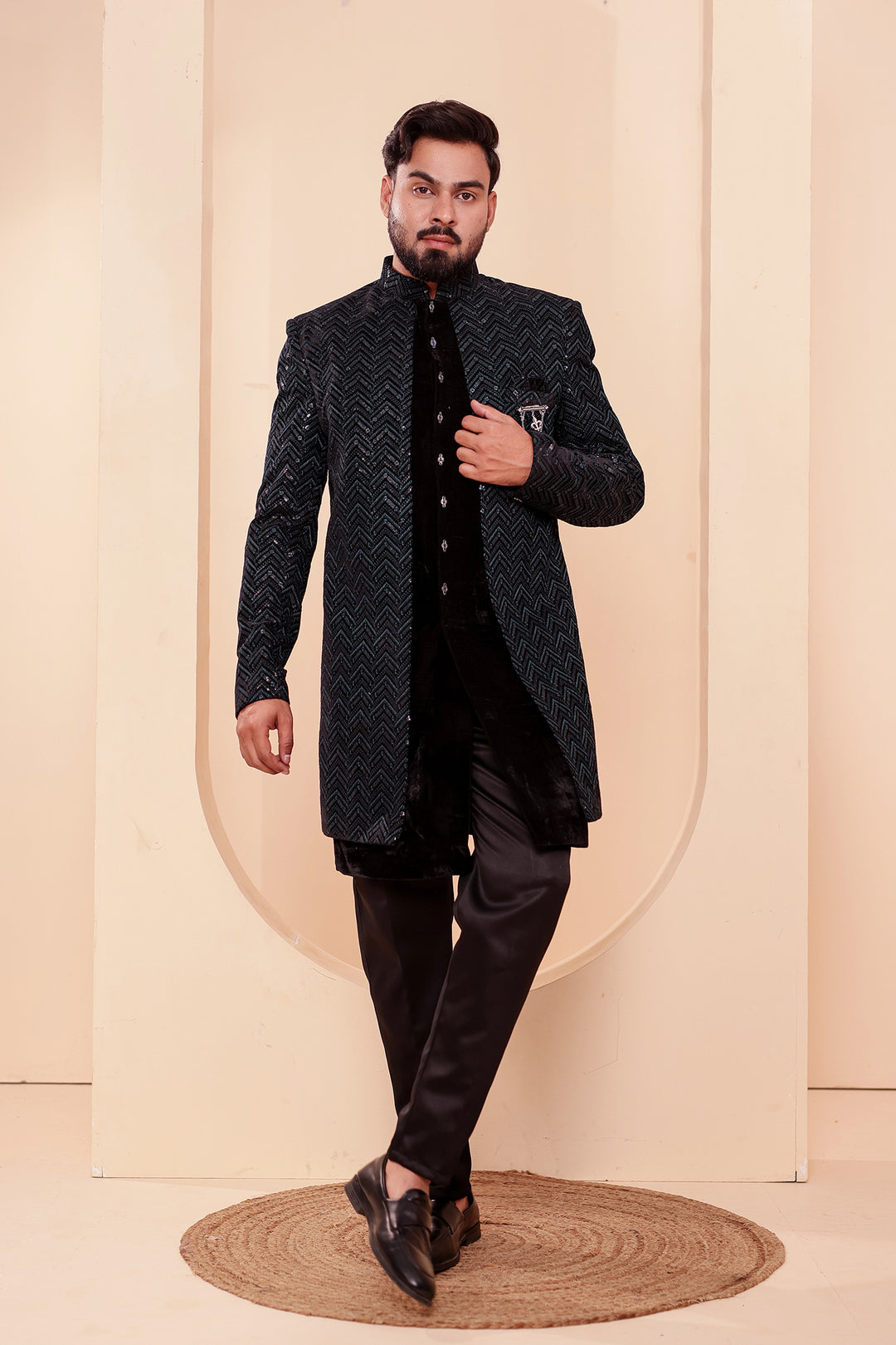 Black-Jade Velvet Jacket Style Indo-western Suit With Thread work And Sequins.