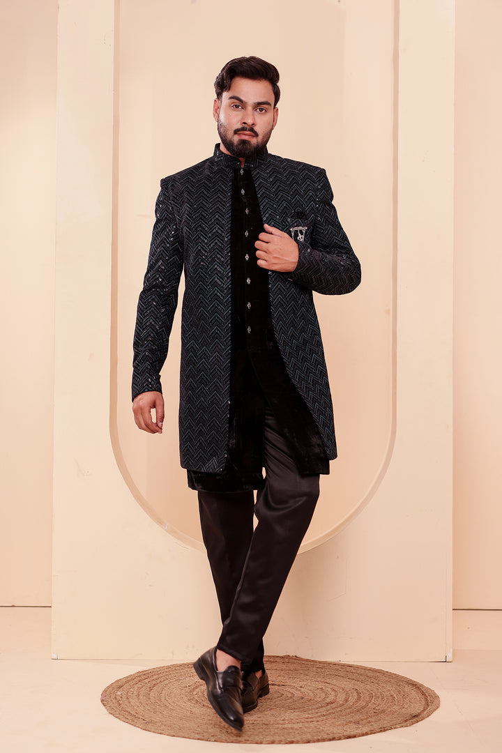 Black-Jade Velvet Jacket Style Indo-western Suit With Thread work And Sequins.