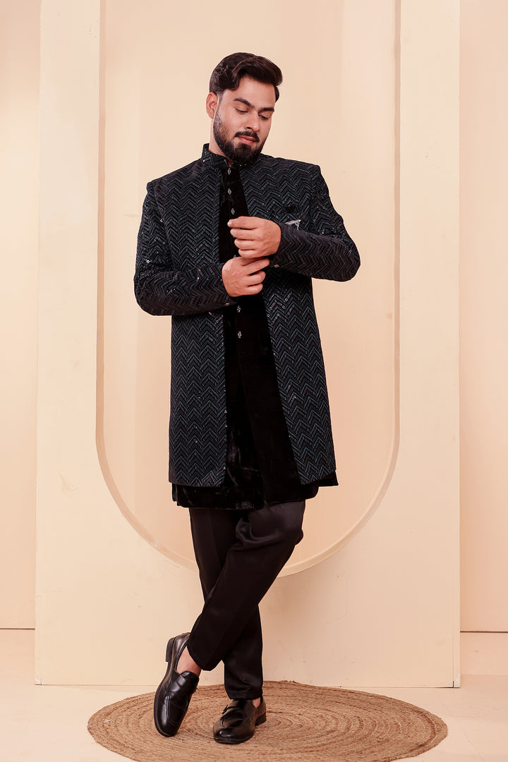 Black-Jade Velvet Jacket Style Indo-western Suit With Thread work And Sequins.