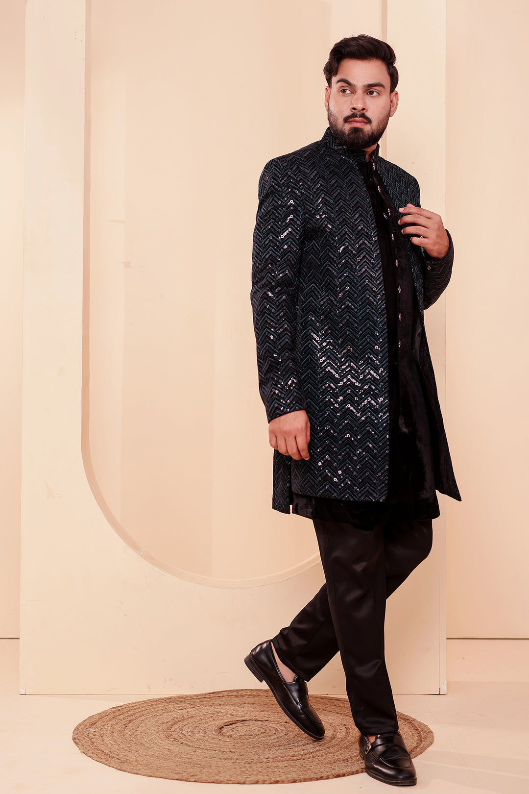 Black-Jade Velvet Jacket Style Indo-western Suit With Thread work And Sequins.