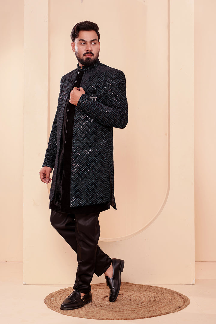 Black-Jade Velvet Jacket Style Indo-western Suit With Thread work And Sequins.