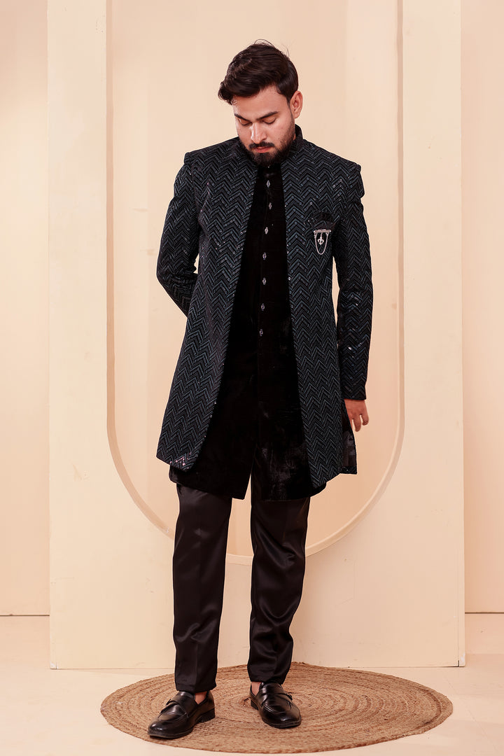 Black-Jade Velvet Jacket Style Indo-western Suit With Thread work And Sequins.