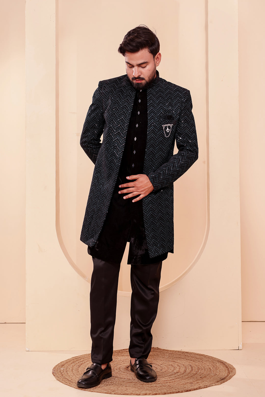 Black-Jade Velvet Jacket Style Indo-western Suit With Thread work And Sequins.