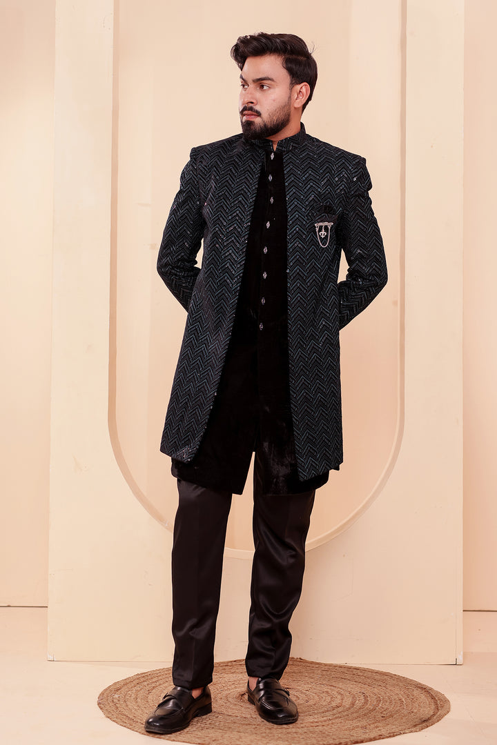 Black-Jade Velvet Jacket Style Indo-western Suit With Thread work And Sequins.