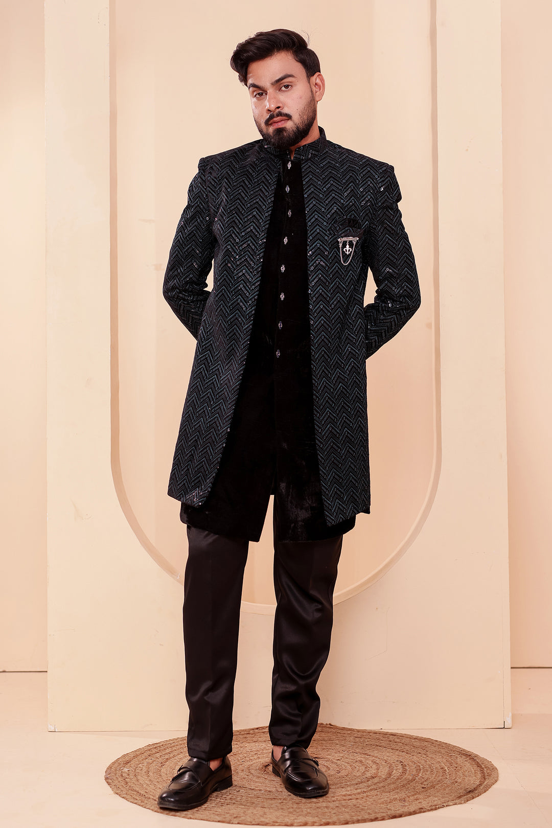 Black-Jade Velvet Jacket Style Indo-western Suit With Thread work And Sequins.