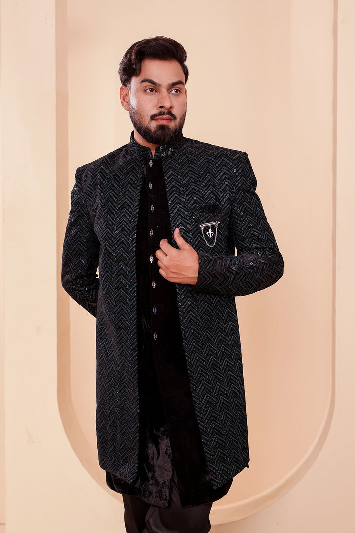Black-Jade Velvet Jacket Style Indo-western Suit With Thread work And Sequins.