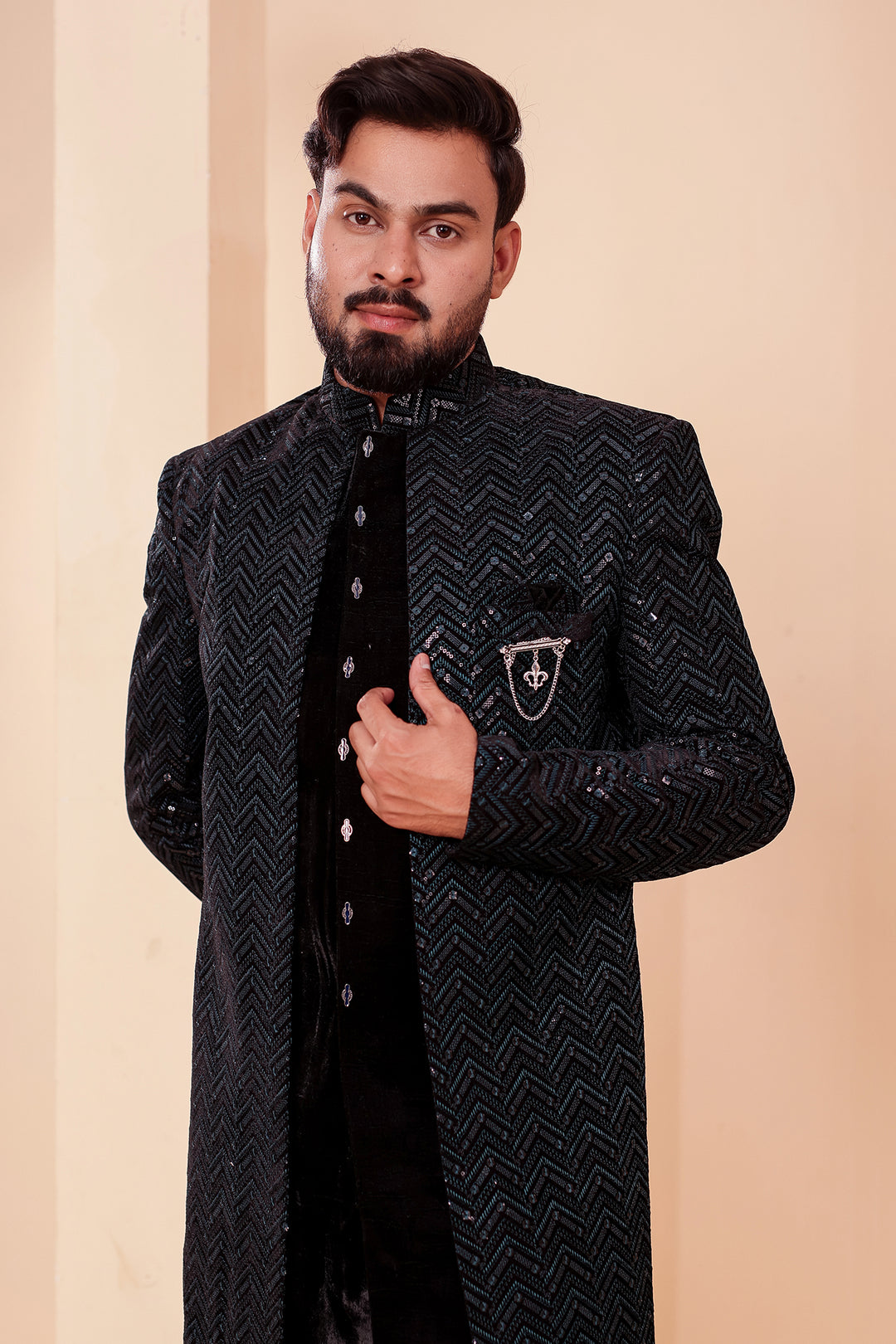 Black-Jade Velvet Jacket Style Indo-western Suit With Thread work And Sequins.