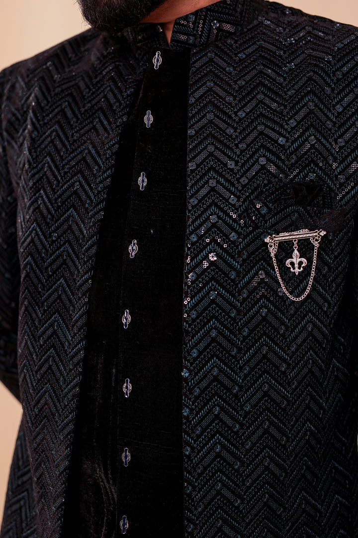 Black-Jade Velvet Jacket Style Indo-western Suit With Thread work And Sequins.