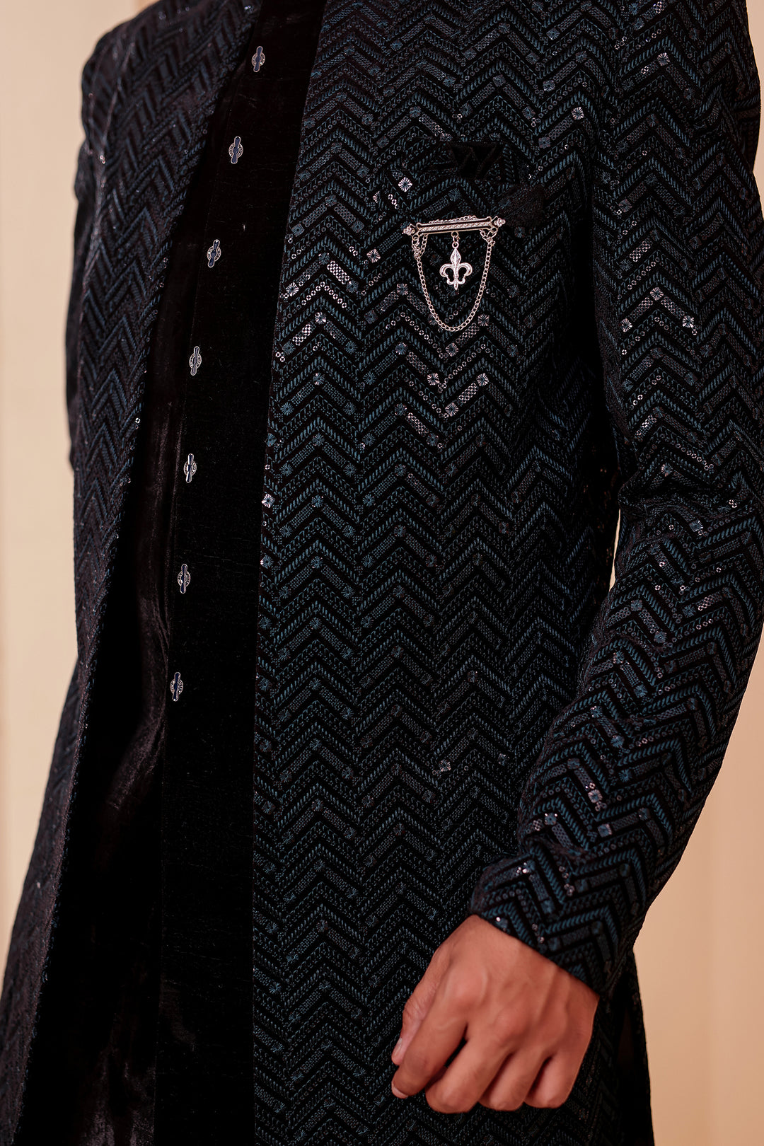 Black-Jade Velvet Jacket Style Indo-western Suit With Thread work And Sequins.