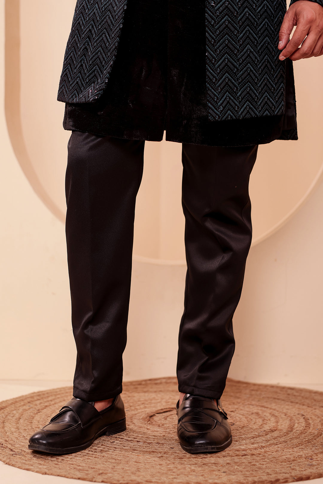 Black-Jade Velvet Jacket Style Indo-western Suit With Thread work And Sequins.