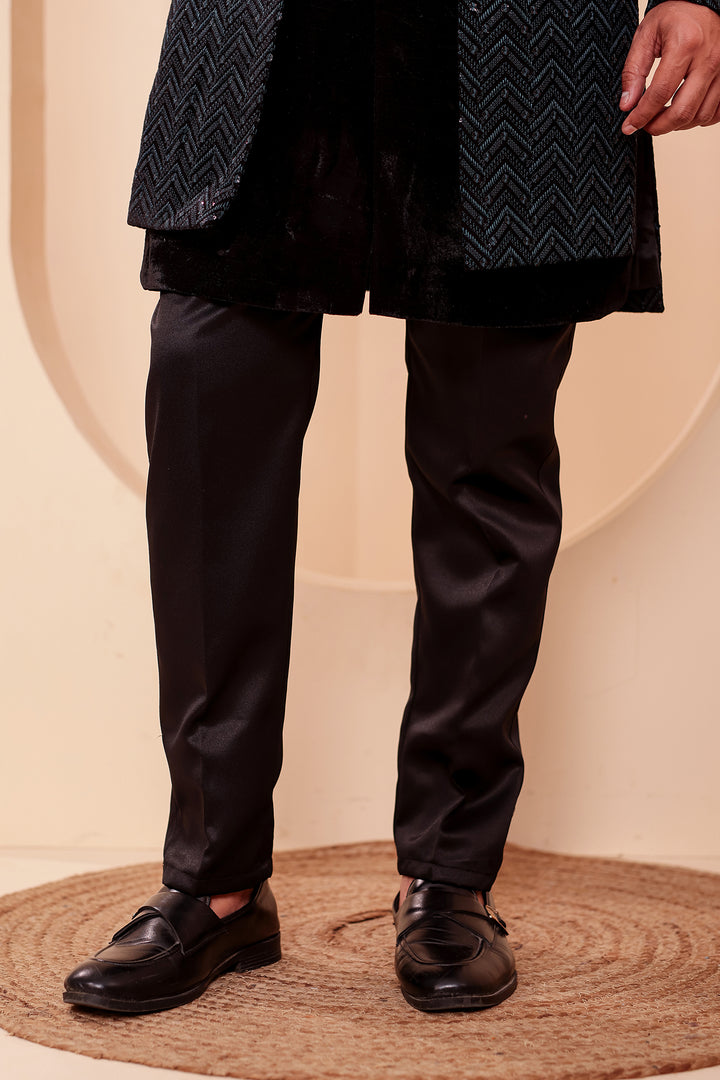 Black-Jade Velvet Jacket Style Indo-western Suit With Thread work And Sequins.