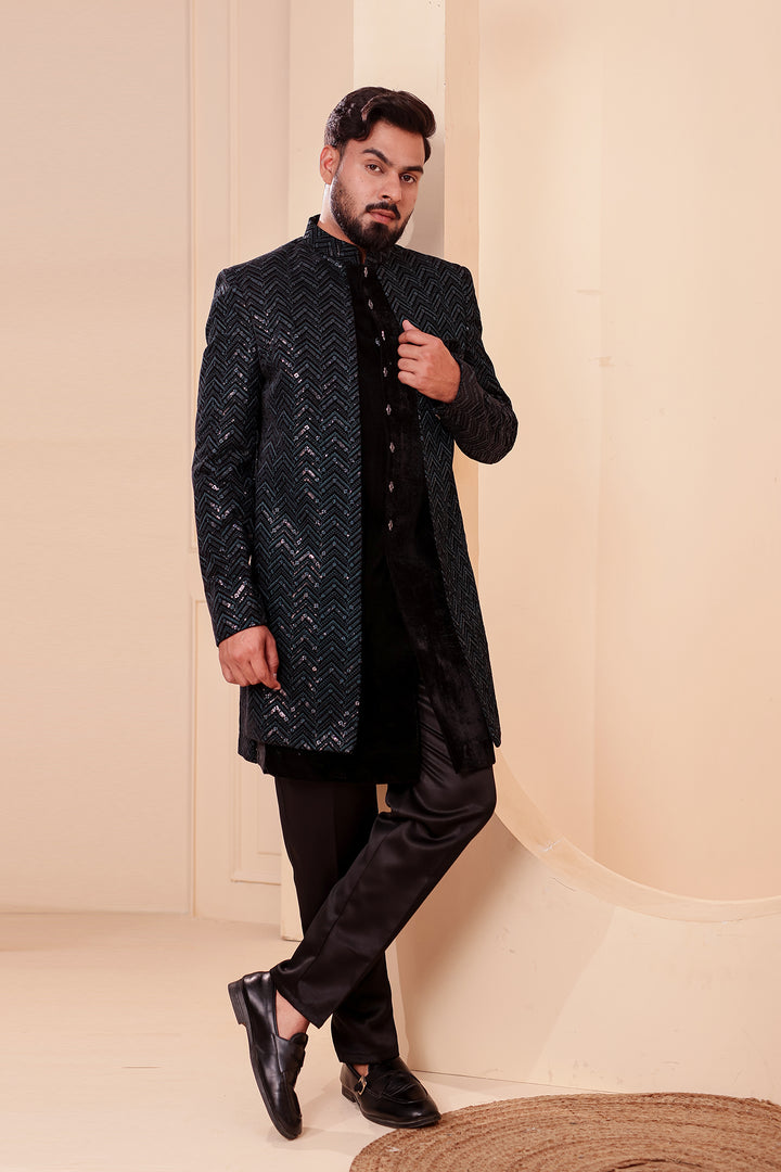 Black-Jade Velvet Jacket Style Indo-western Suit With Thread work And Sequins.