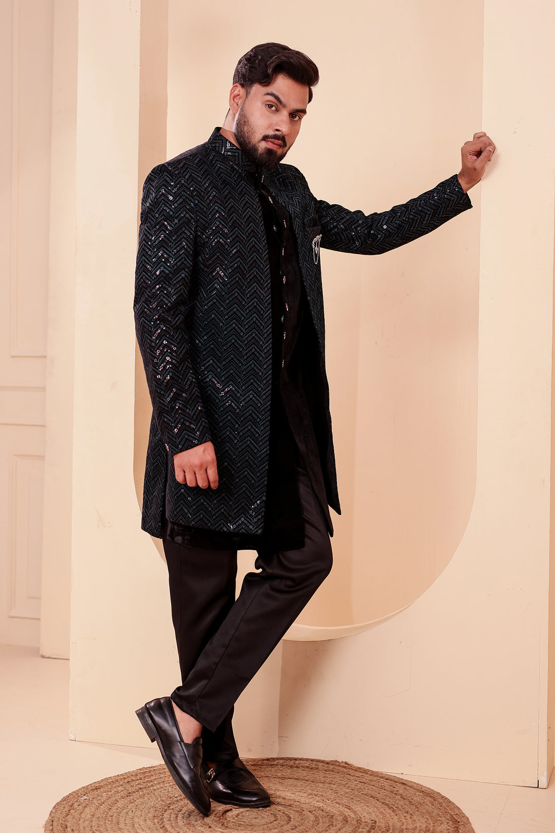 Black-Jade Velvet Jacket Style Indo-western Suit With Thread work And Sequins.