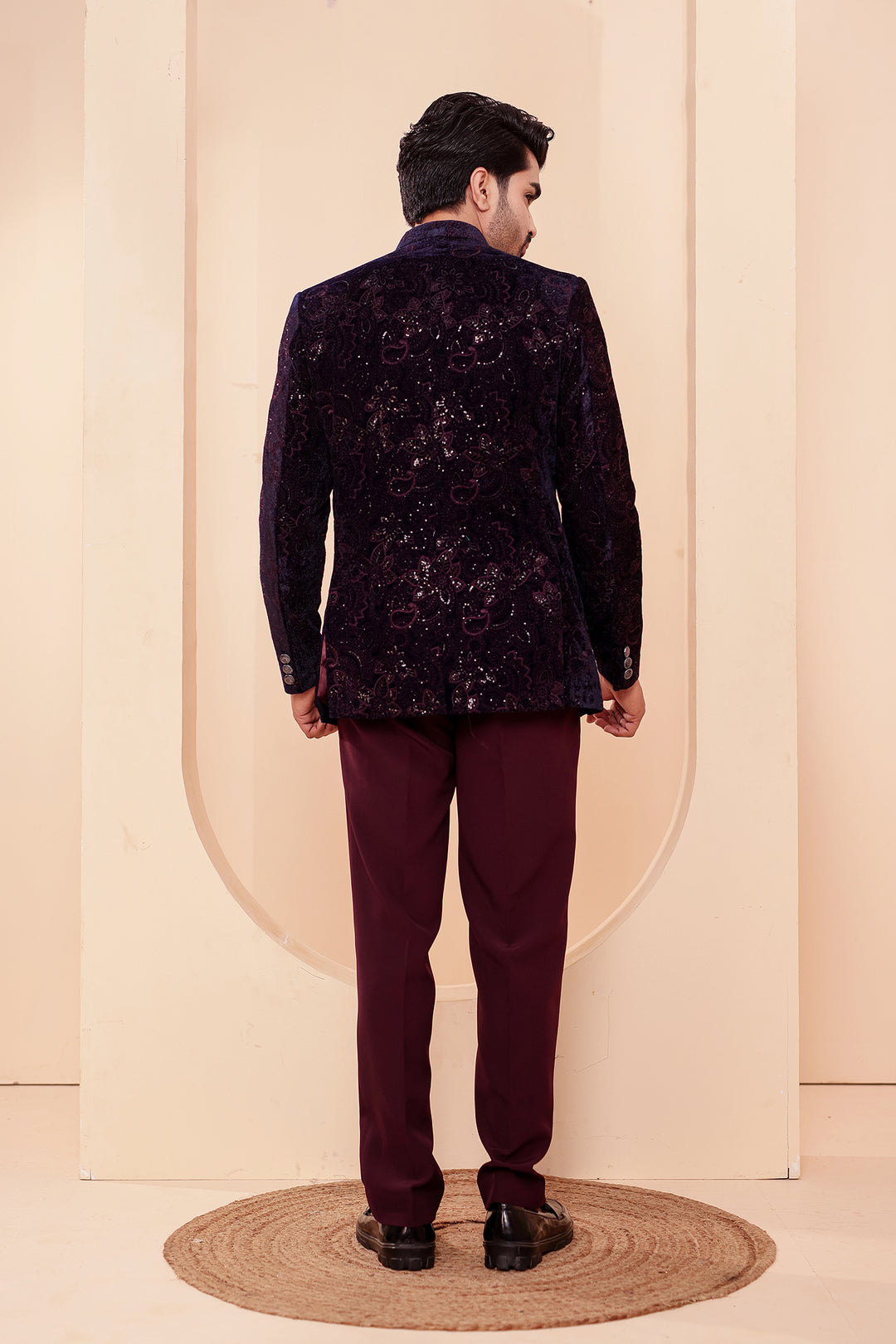 Navy Blue-Magenta Heavy Embroidered Velvet 3pcs Jacket Style Jodhpuri Suit.