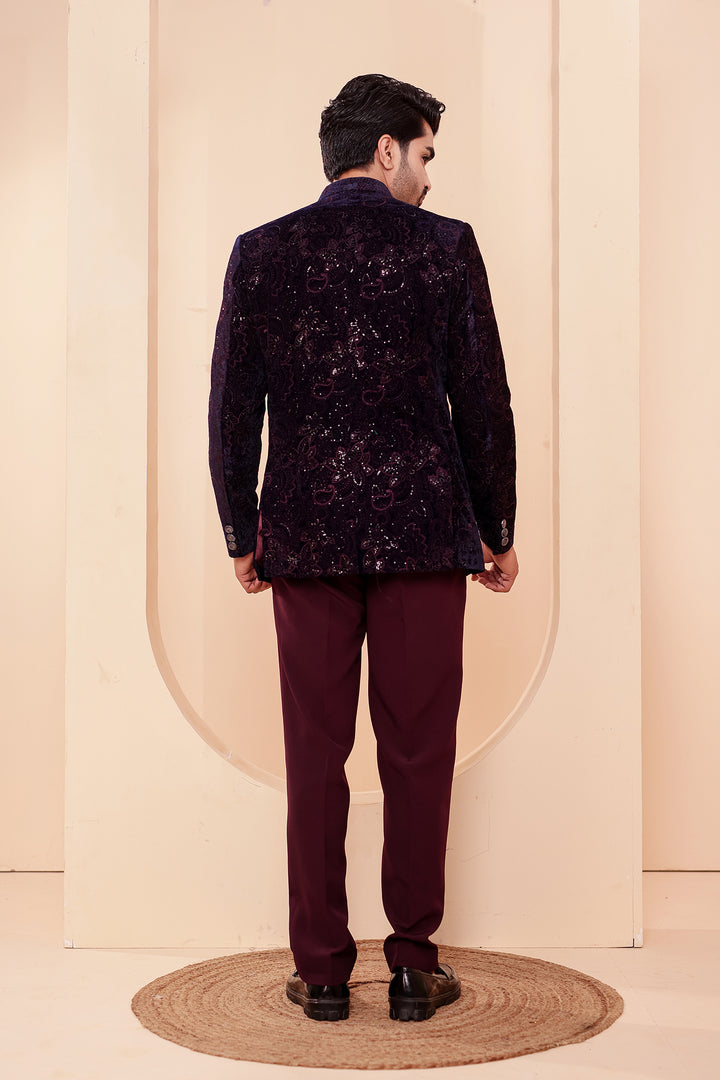Navy Blue-Magenta Heavy Embroidered Velvet 3pcs Jacket Style Jodhpuri Suit.
