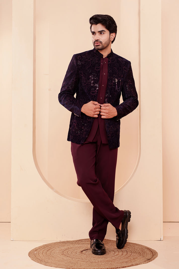 Navy Blue-Magenta Heavy Embroidered Velvet 3pcs Jacket Style Jodhpuri Suit.