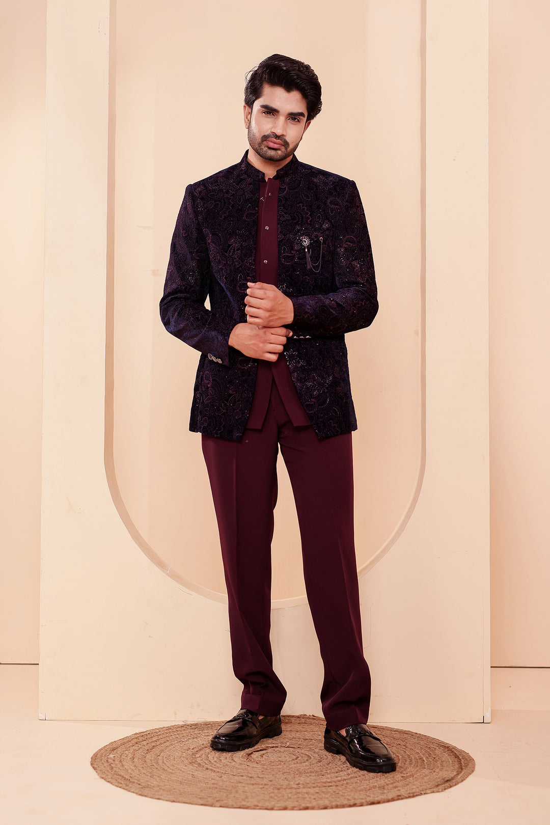 Navy Blue-Magenta Heavy Embroidered Velvet 3pcs Jacket Style Jodhpuri Suit.