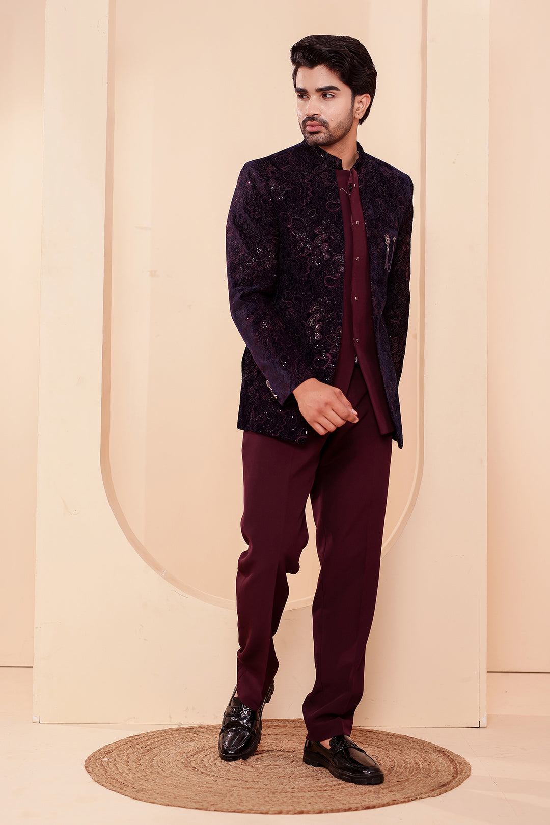 Navy Blue-Magenta Heavy Embroidered Velvet 3pcs Jacket Style Jodhpuri Suit.
