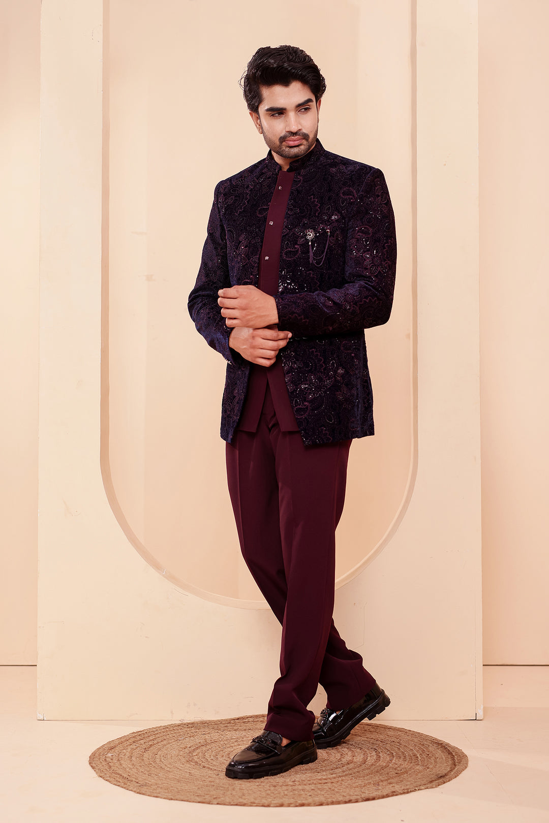 Navy Blue-Magenta Heavy Embroidered Velvet 3pcs Jacket Style Jodhpuri Suit.