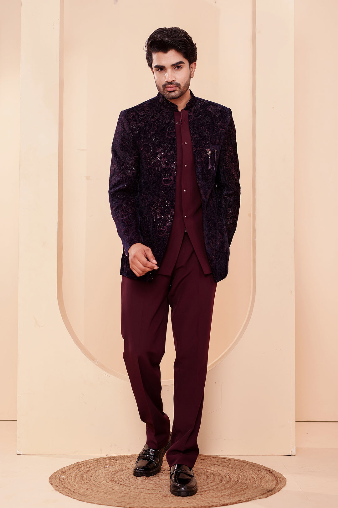 Navy Blue-Magenta Heavy Embroidered Velvet 3pcs Jacket Style Jodhpuri Suit.