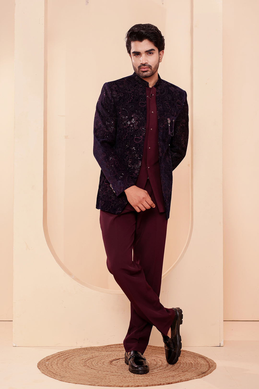 Navy Blue-Magenta Heavy Embroidered Velvet 3pcs Jacket Style Jodhpuri Suit.