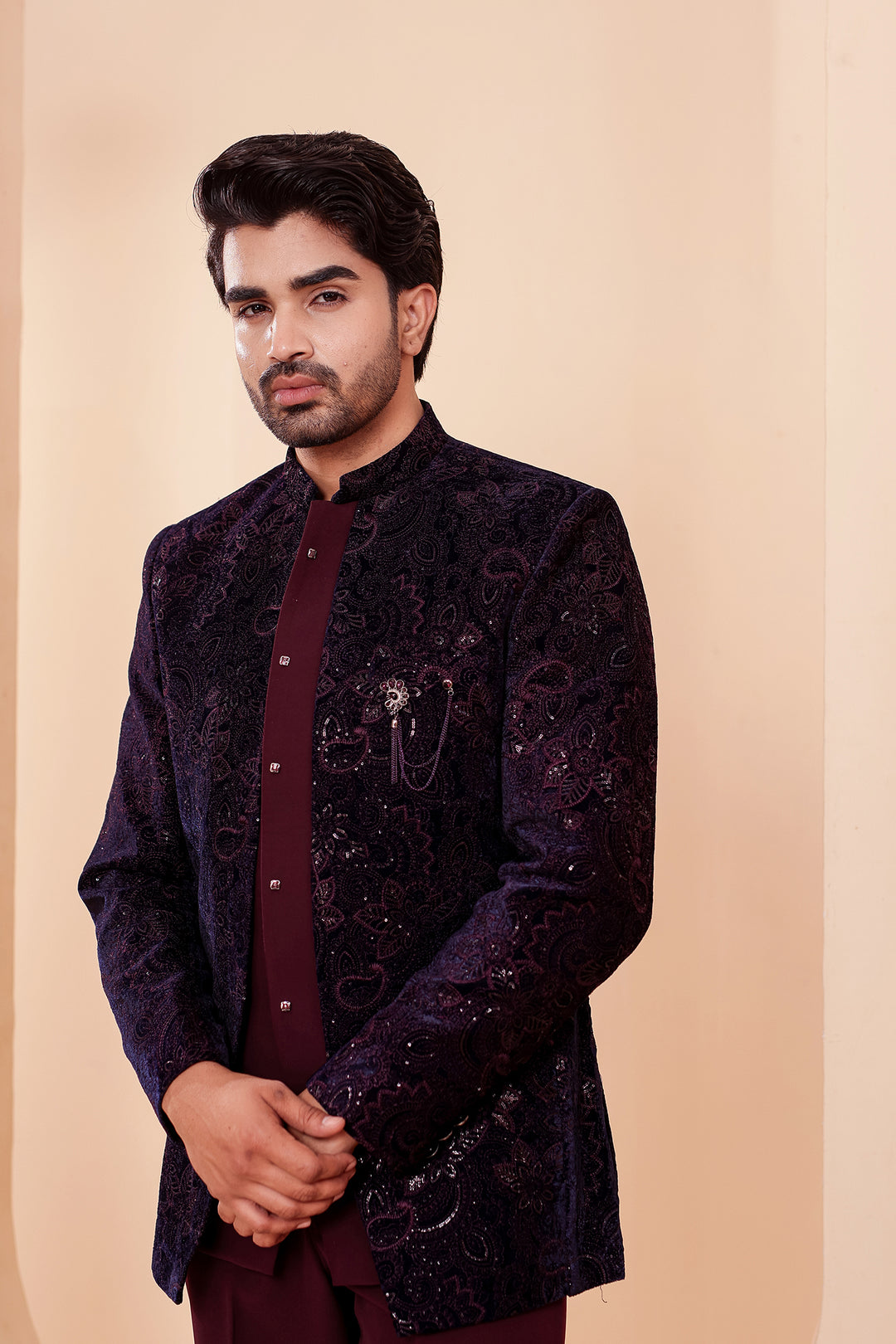 Navy Blue-Magenta Heavy Embroidered Velvet 3pcs Jacket Style Jodhpuri Suit.