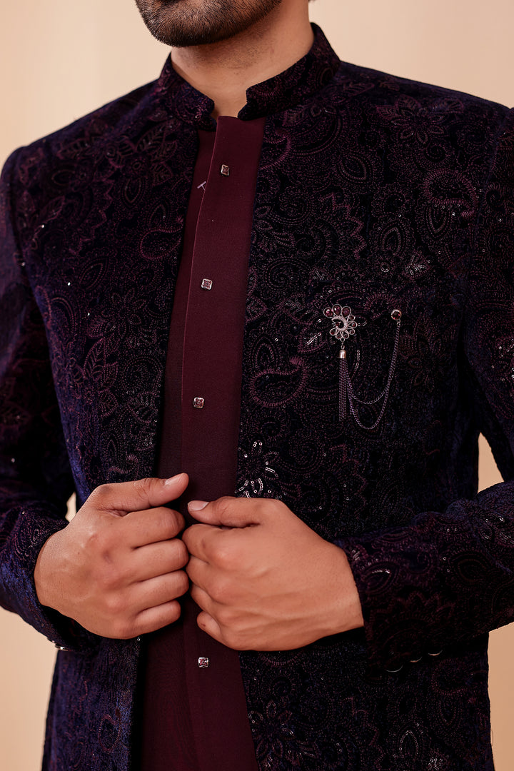 Navy Blue-Magenta Heavy Embroidered Velvet 3pcs Jacket Style Jodhpuri Suit.