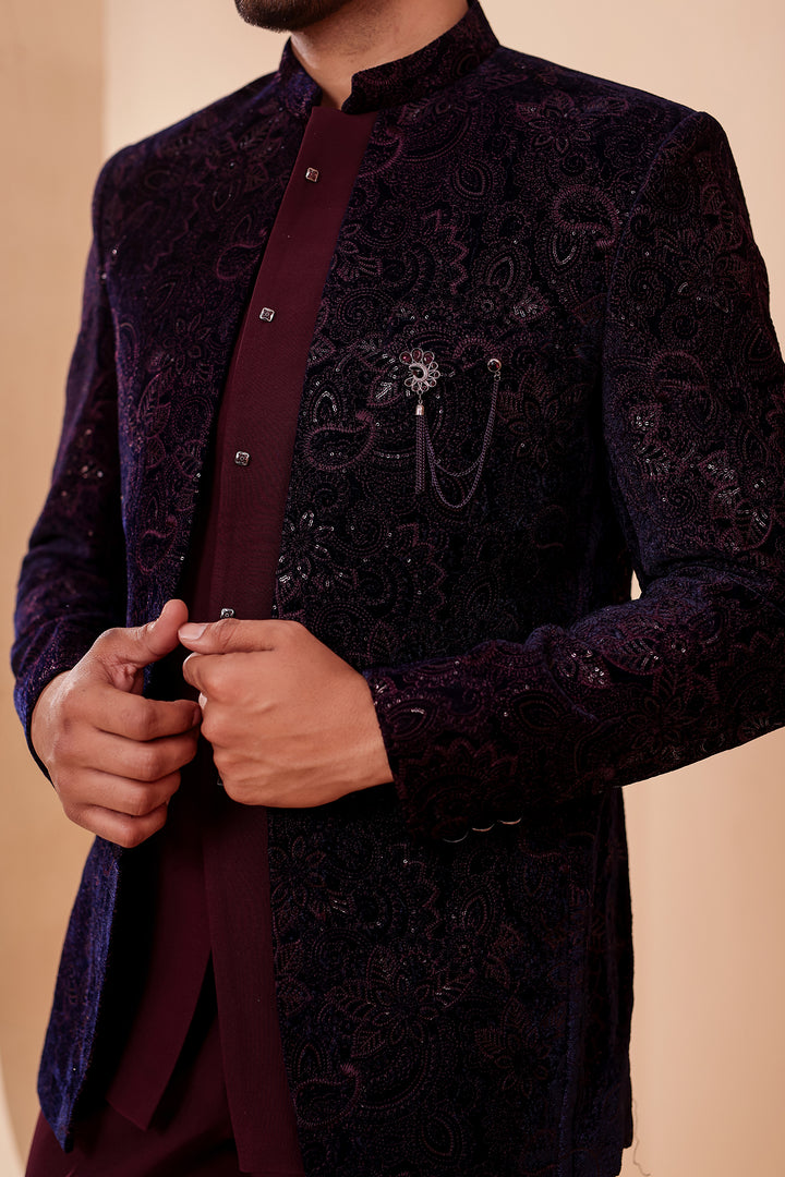 Navy Blue-Magenta Heavy Embroidered Velvet 3pcs Jacket Style Jodhpuri Suit.