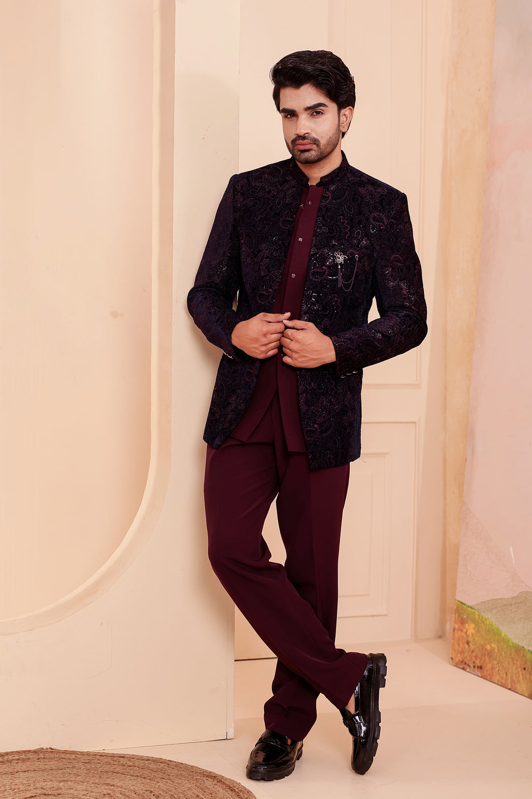 Navy Blue-Magenta Heavy Embroidered Velvet 3pcs Jacket Style Jodhpuri Suit.