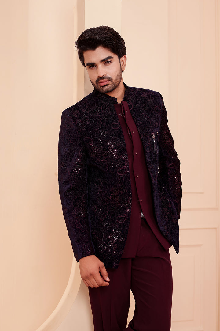 Navy Blue-Magenta Heavy Embroidered Velvet 3pcs Jacket Style Jodhpuri Suit.