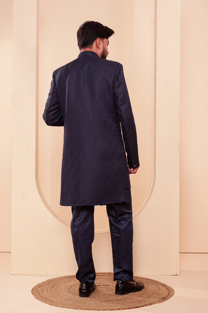 Navy Blue Jacquard weave Open Jacket Style Indo-western Suit.