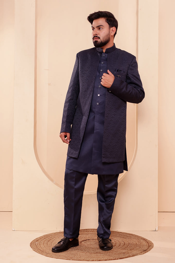 Navy Blue Jacquard weave Open Jacket Style Indo-western Suit.